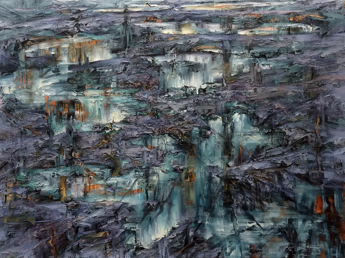 Spiegelung I, 2004, Öl auf Nessel, 120 x 220 cm
