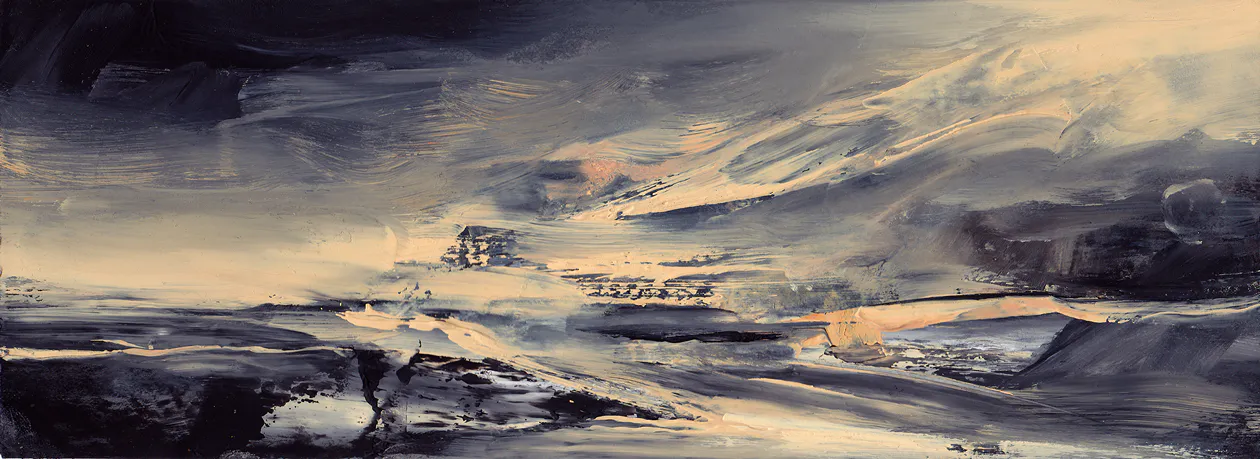 Landschaft, 2018, Öl auf Papier (auf MDF), 9 x 25 cm