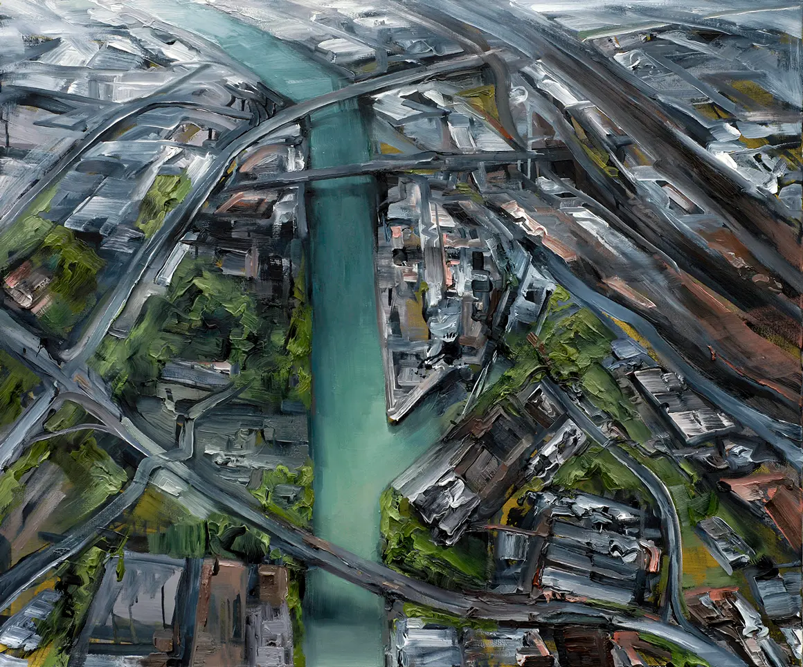 Stadt (Hafen/Ms II), 2006, Öl auf Nessel, 100 x 120 cm