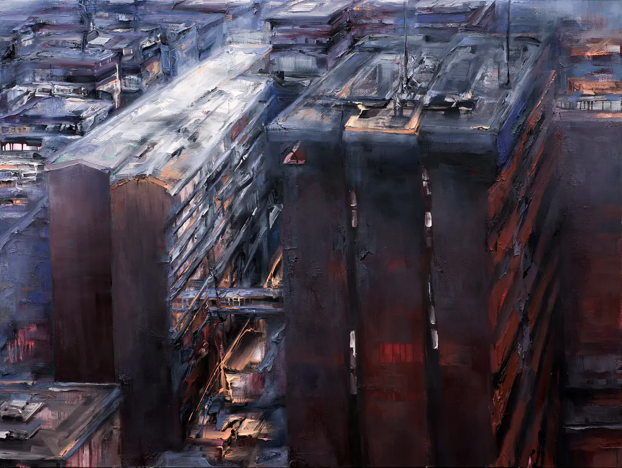 Stadtansicht III, 2004, Öl auf Nessel, 150 x 200 cm