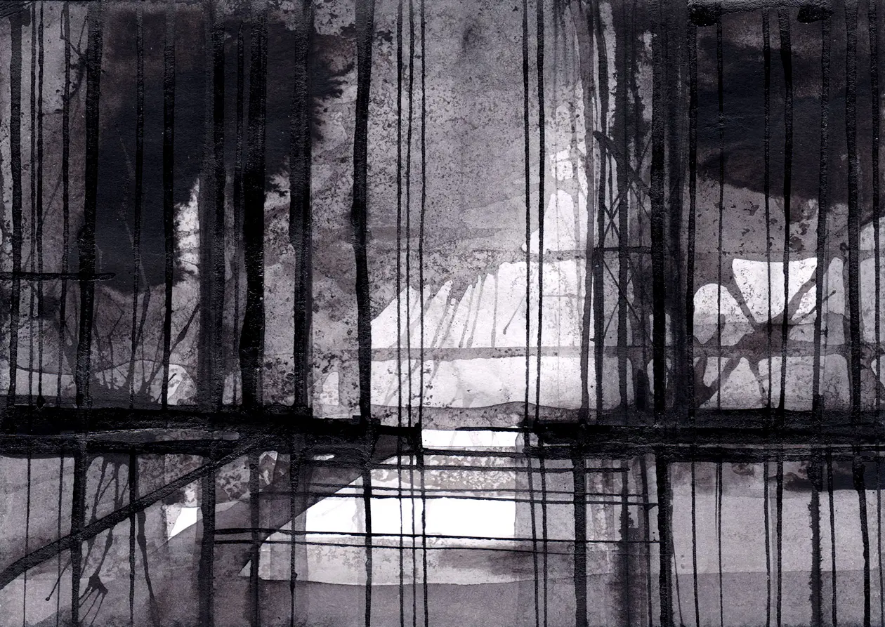 Täglicher Weg, 2025, Tusche auf Papier, 10,5 x 14,8 cm