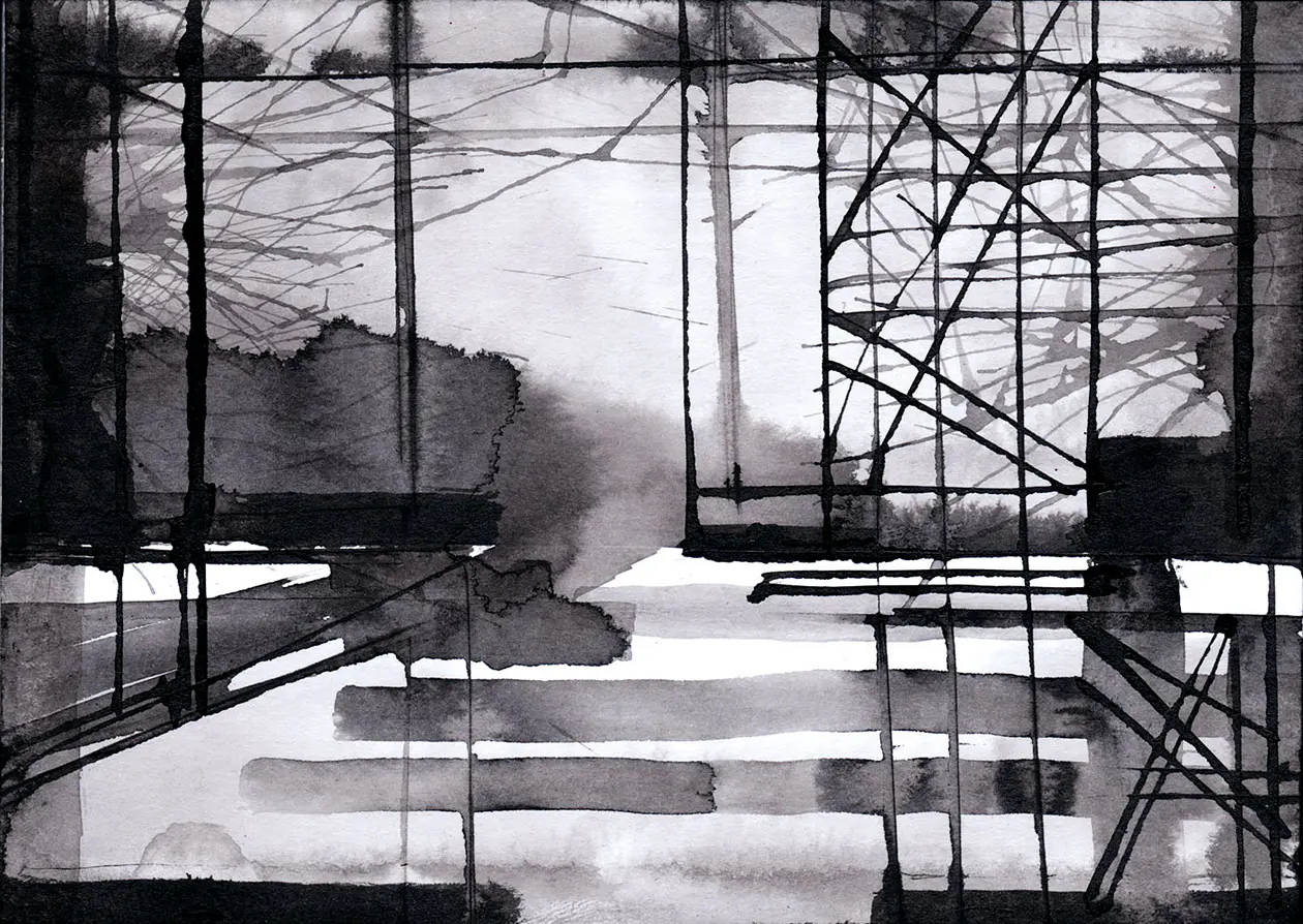 Täglicher Weg, 2021, Tusche auf Papier, 10,5 x 14,8 cm