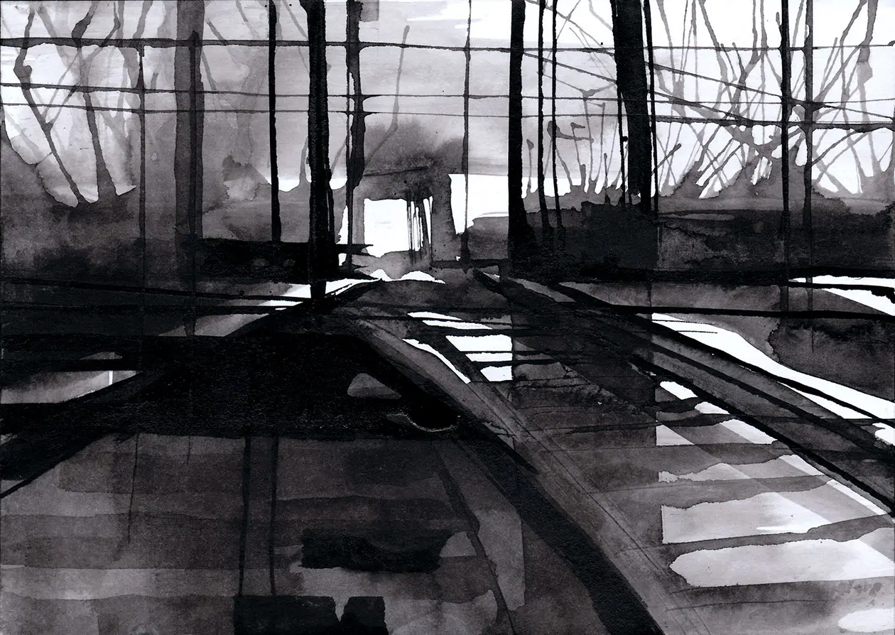 Täglicher Weg, 2021, Tusche auf Papier, 10,5 x 14,8 cm