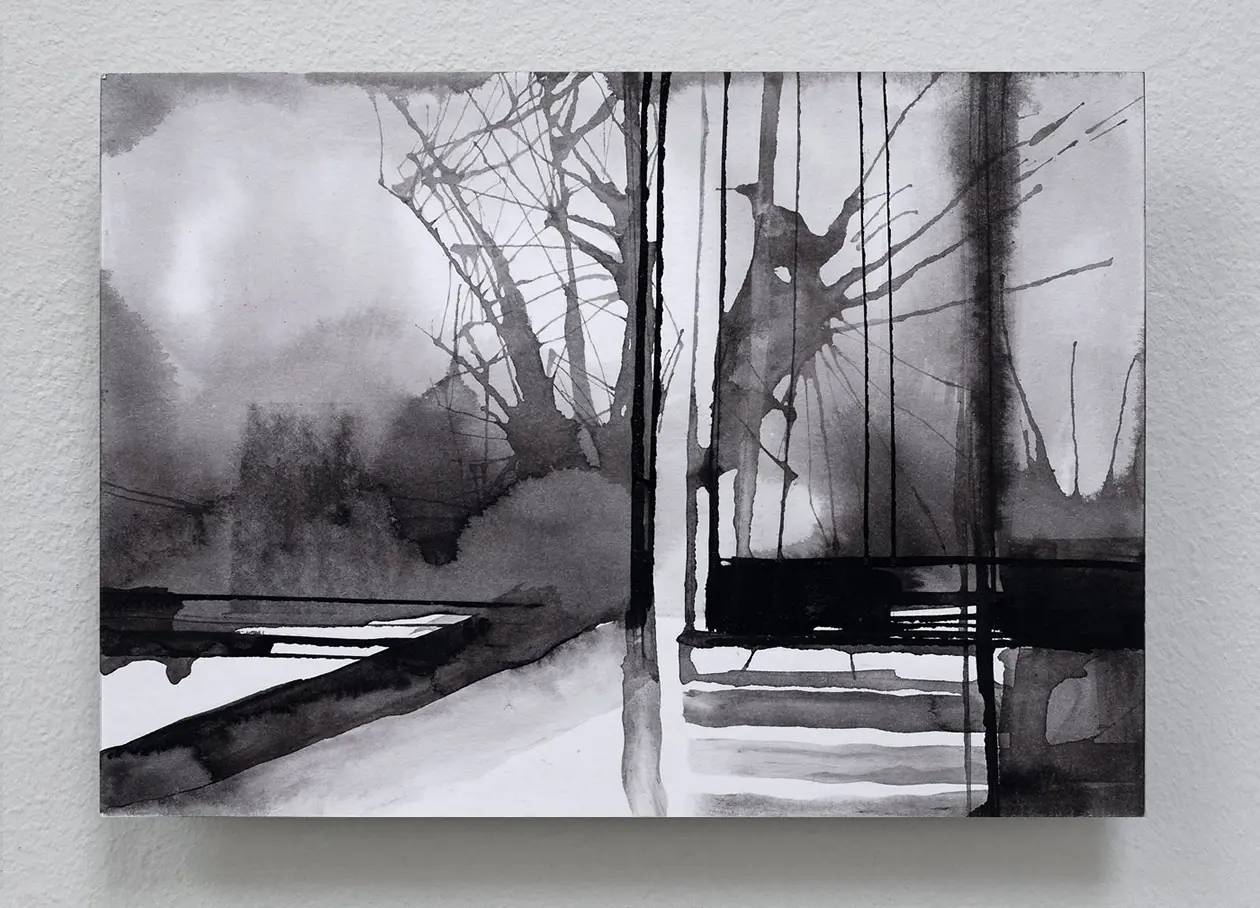Täglicher Weg, 2021, Tusche auf Papier - auf Bildträger, 10,5 x 14,8 cm