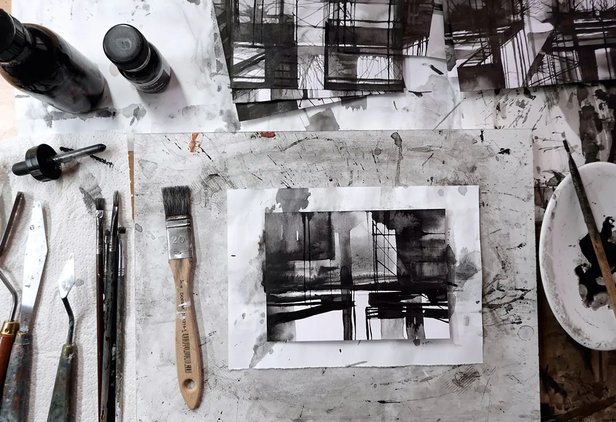 Täglicher Weg, Tusche auf Papier, work in the process