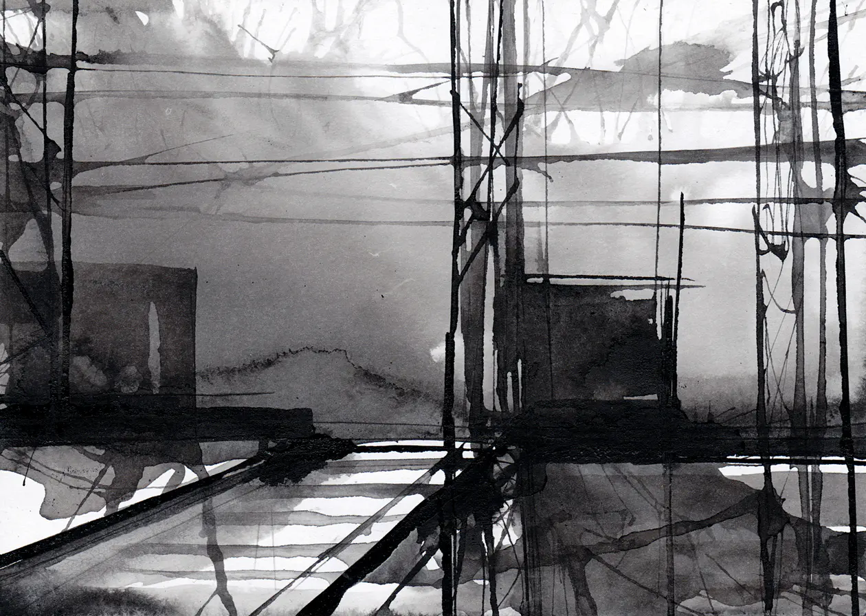 Täglicher Weg, 2021, Tusche auf Papier, 10,5 x 14,8 cm
