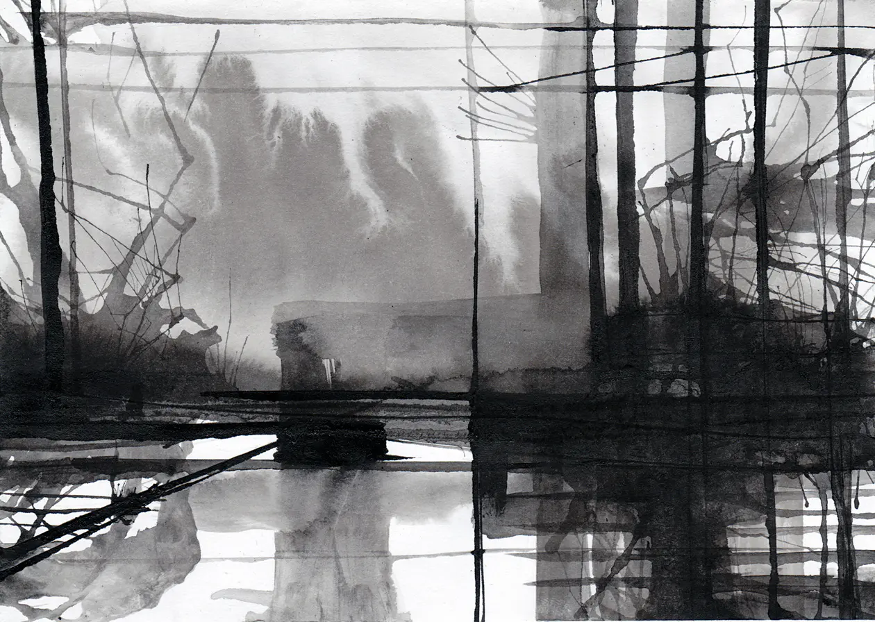 Täglicher Weg, 2021, Tusche auf Papier, 10,5 x 14,8 cm