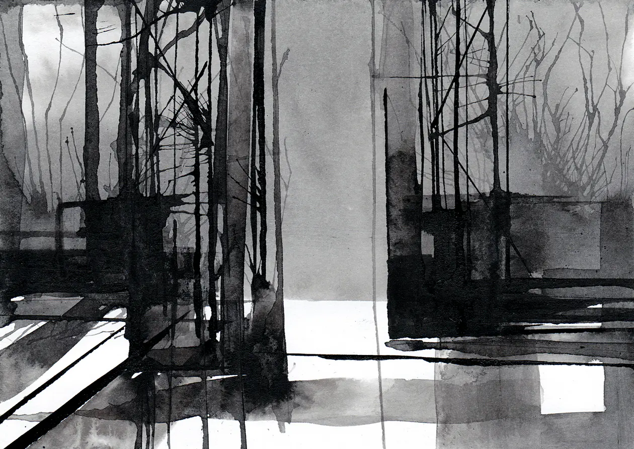 Täglicher Weg, 2020, Tusche auf Papier, 10,5 x 14,8 cm