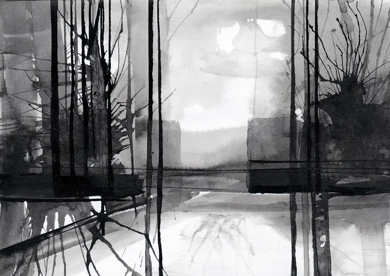 Täglicher Weg, 2021, Tusche auf Papier, 10,5 x 14,8 cm