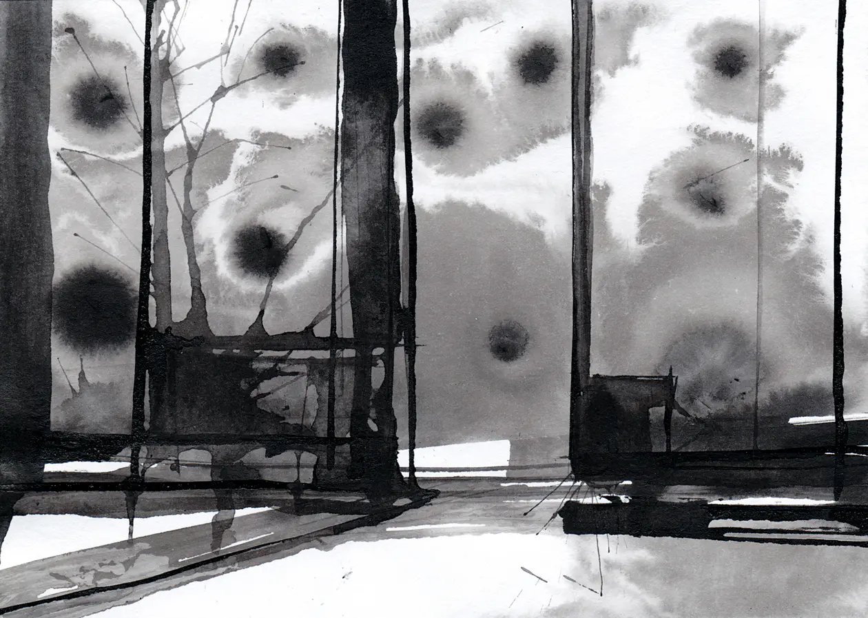 Täglicher Weg, 2021, Tusche auf Papier, 10,5 x 14,8 cm