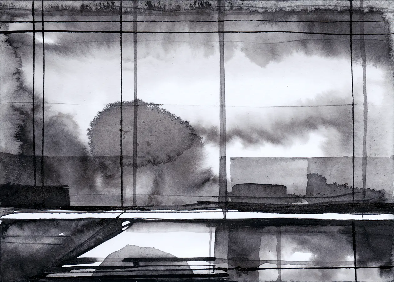 Täglicher Weg, 2025, Tusche auf Papier, 10,5 x 14,8 cm