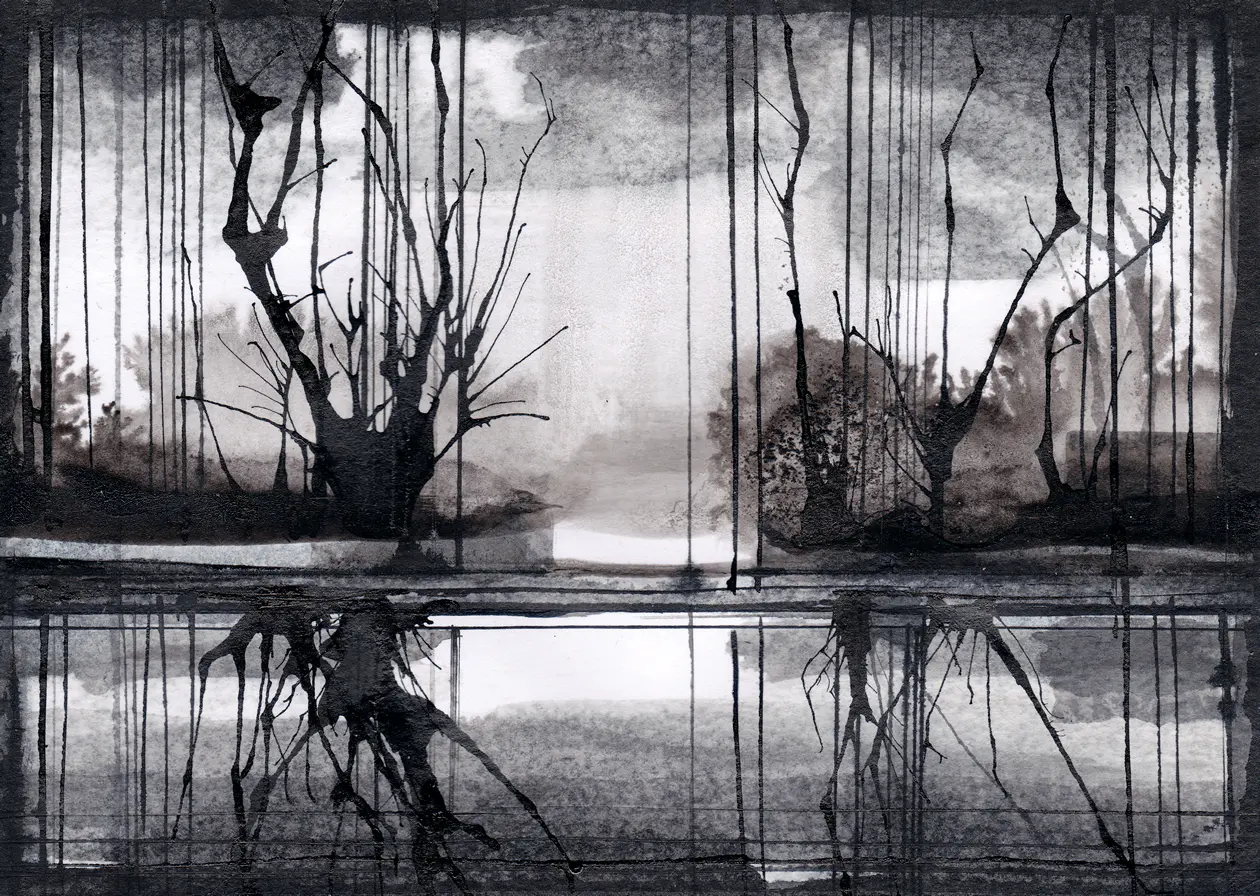 Täglicher Weg, 2025, Tusche auf Papier, 10,5 x 14,8 cm